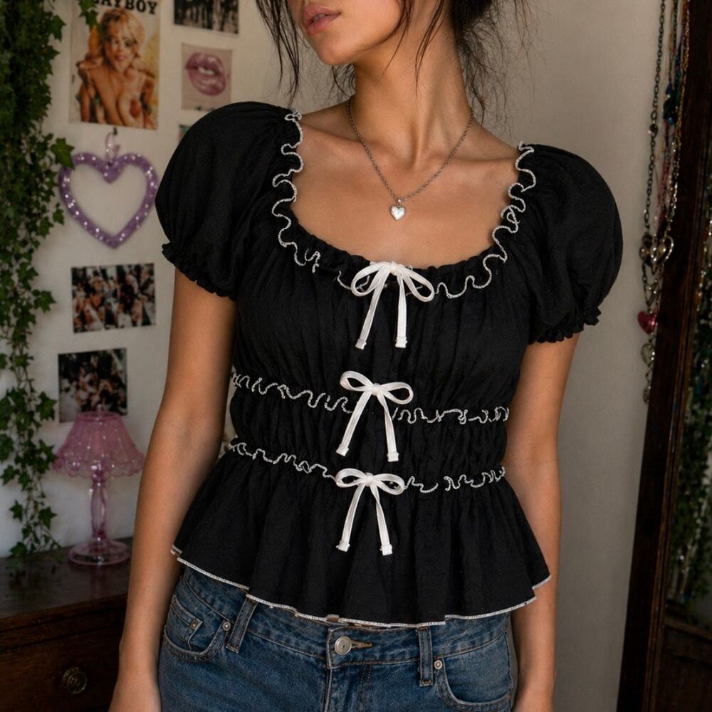 Discreet NYC Puff Sleeve Ruffle Tie Top Black Coquette Babydoll